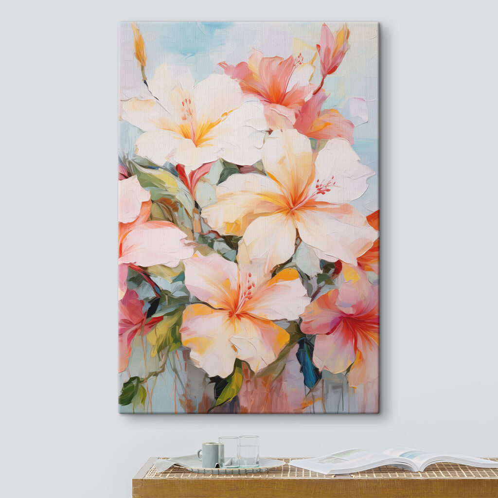 A painting of flowers on a blue background