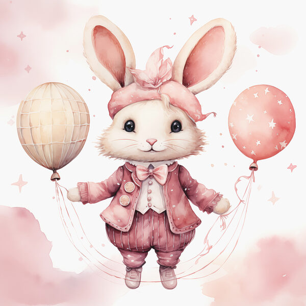 A watercolor of a rabbit holding balloons