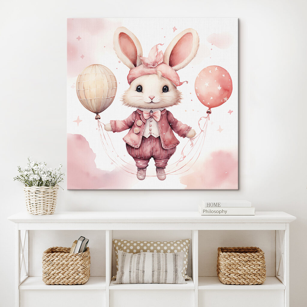 A watercolor of a rabbit holding balloons