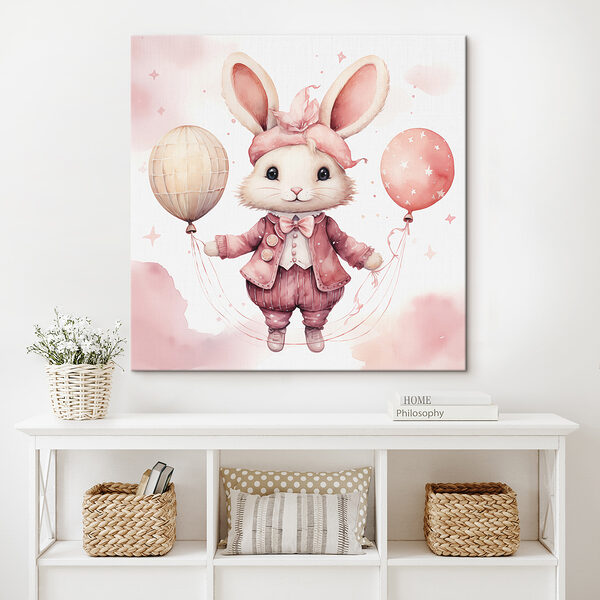 A watercolor of a rabbit holding balloons