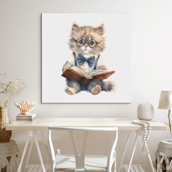 Quadri Un gatto con gli occhiali e un papillon che legge un libro