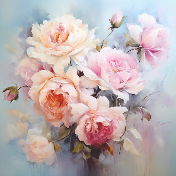 A painting of flowers on a blue background