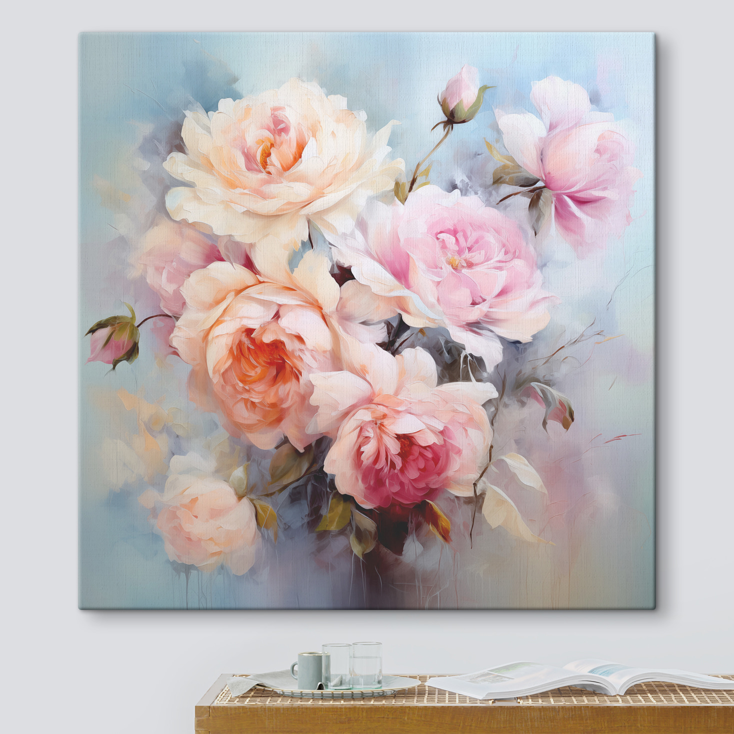 A painting of flowers on a blue background