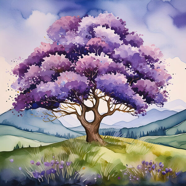 A watercolor of a tree in a field