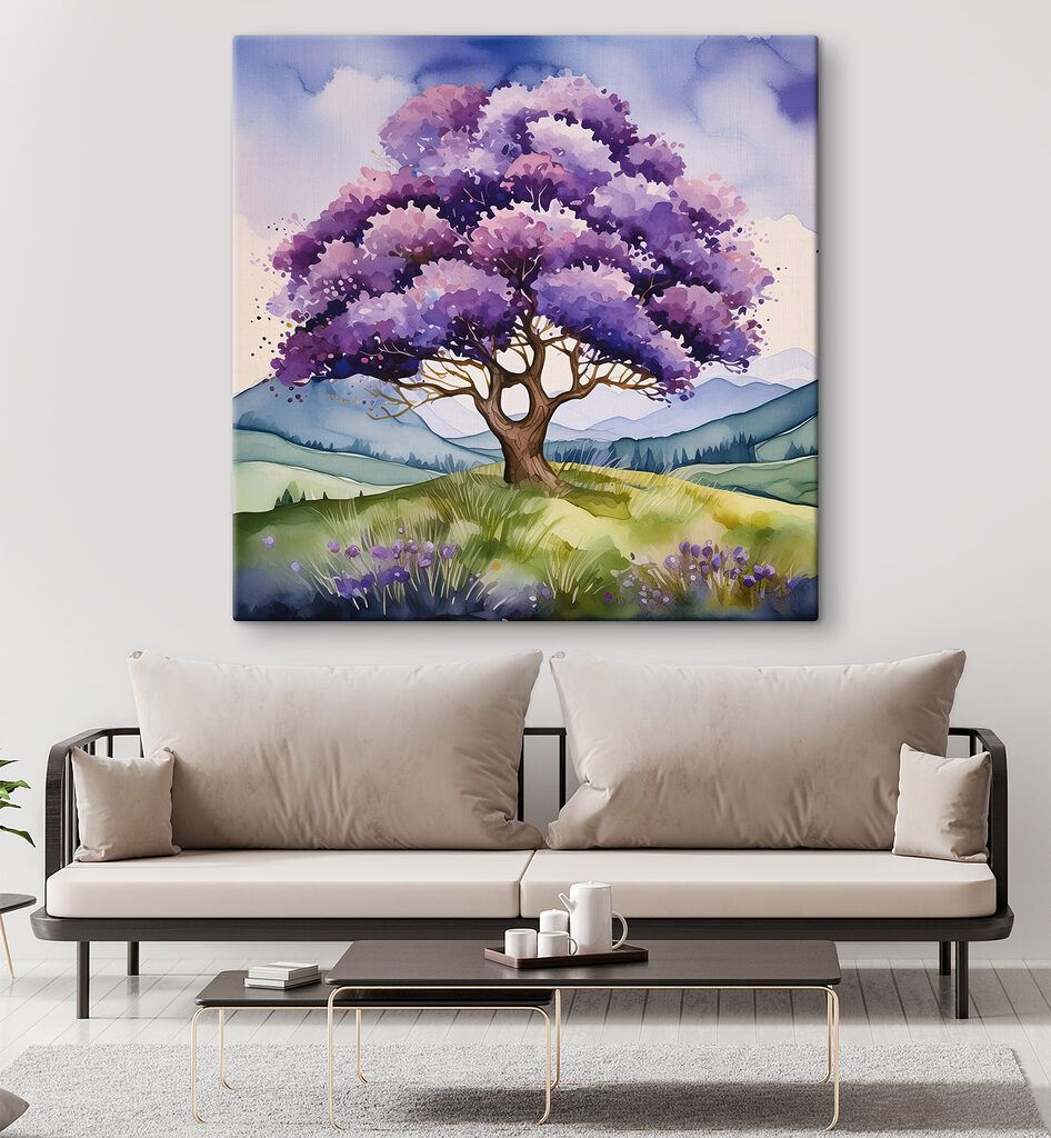 A watercolor of a tree in a field