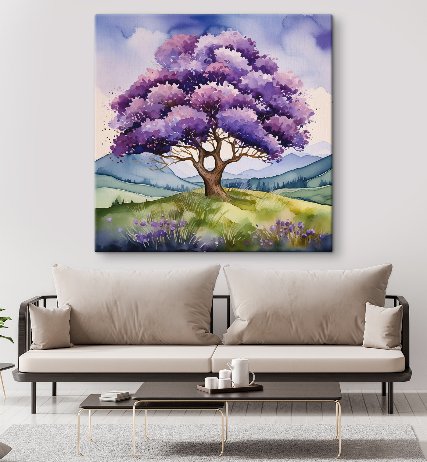 A watercolor of a tree in a field