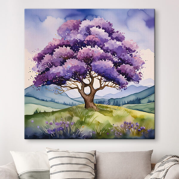 A watercolor of a tree in a field