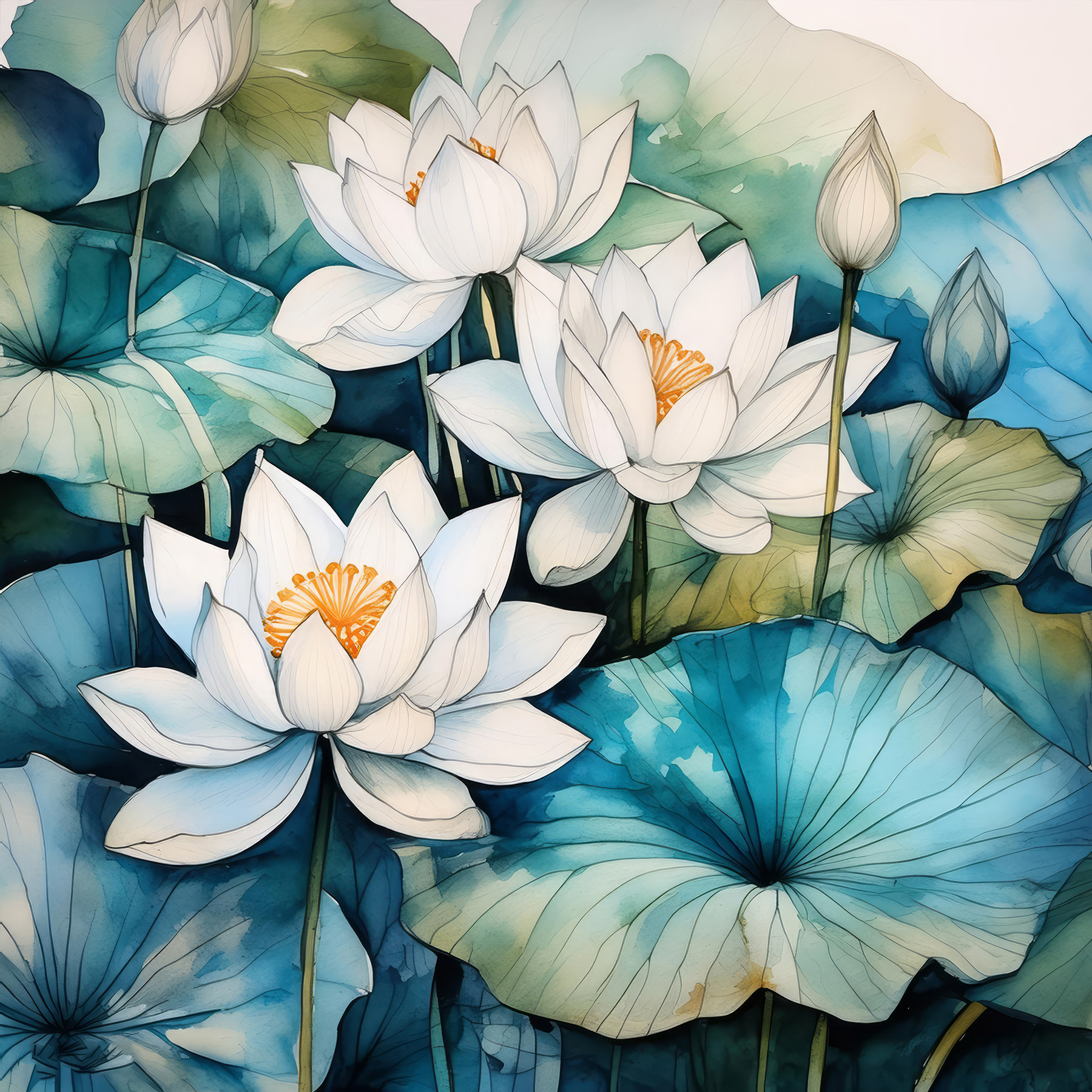 A painting of white flowers and blue leaves