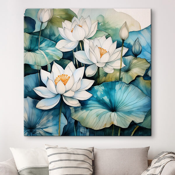 Quadri Un dipinto raffigurante fiori bianchi e foglie blu