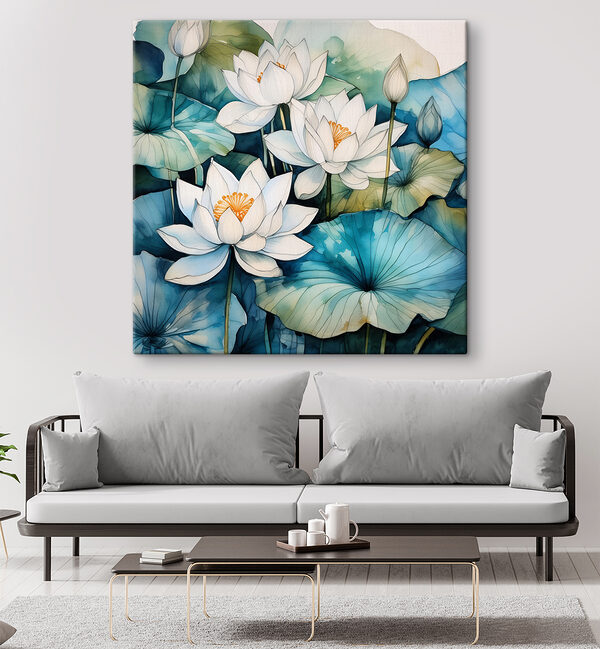 A painting of white flowers and blue leaves