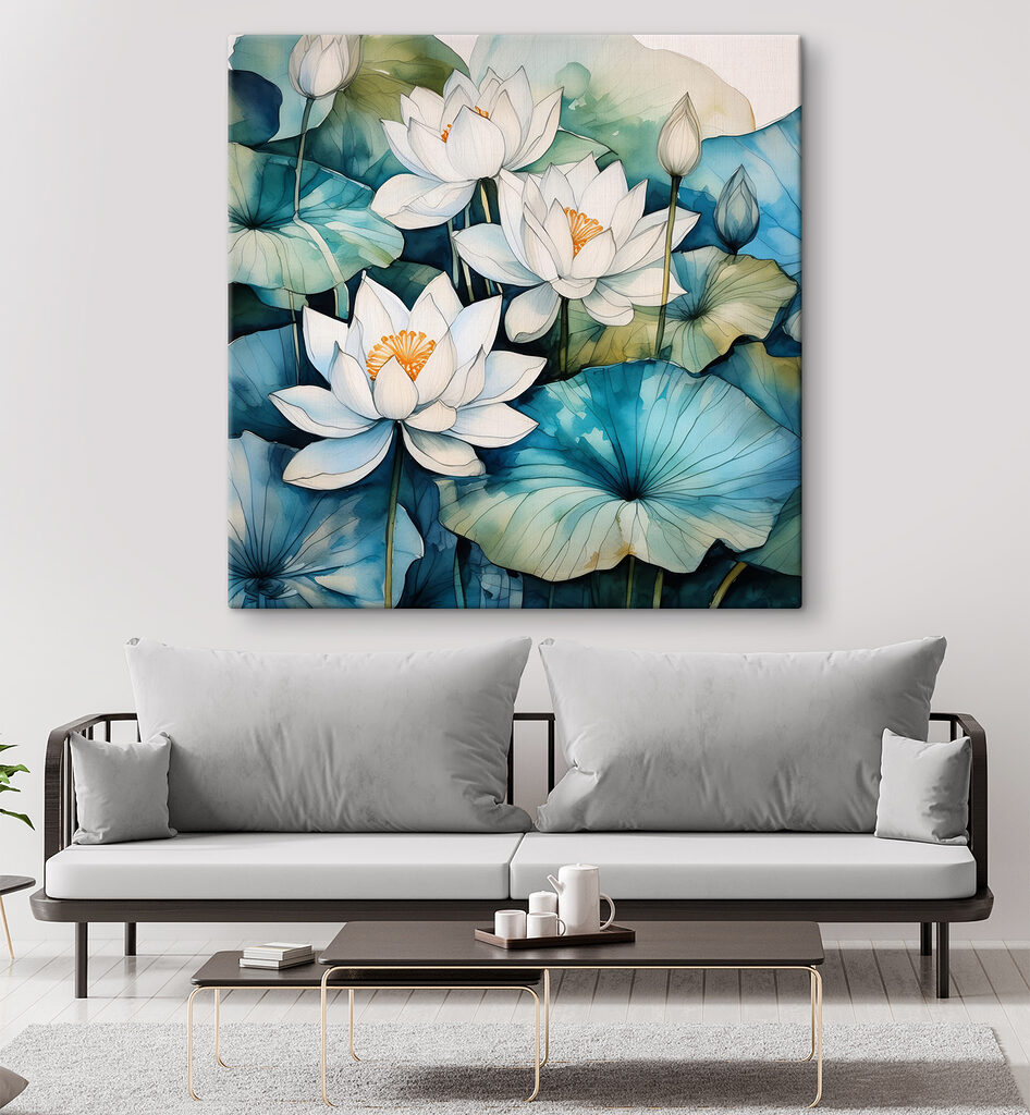 A painting of white flowers and blue leaves