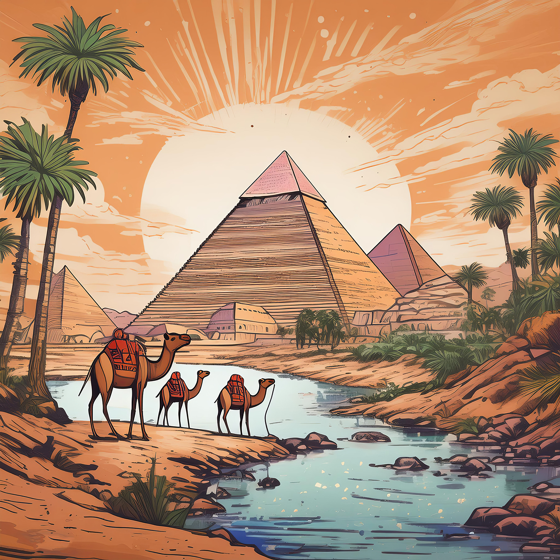 A group of camels standing near a river