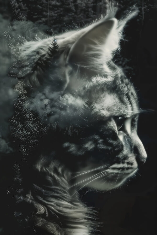 A cat with a double exposure of trees