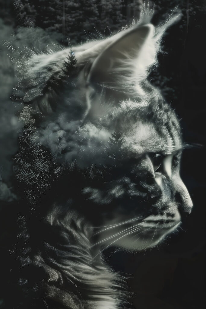 A cat with a double exposure of trees