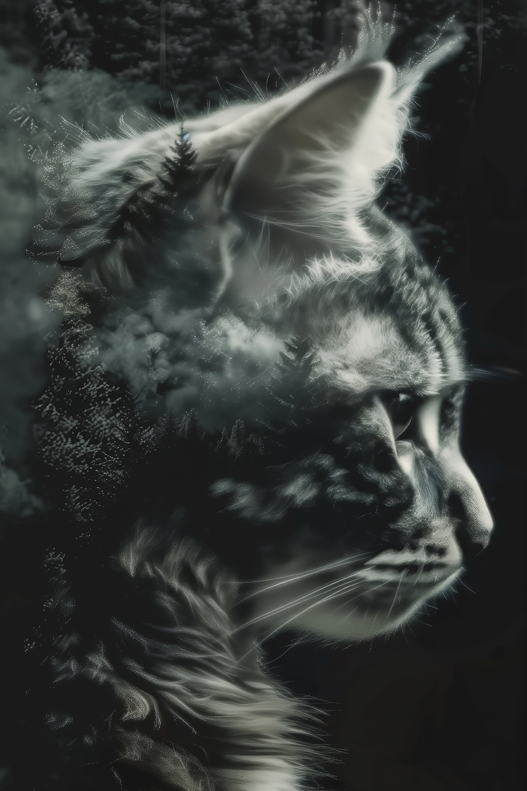 A cat with a double exposure of trees