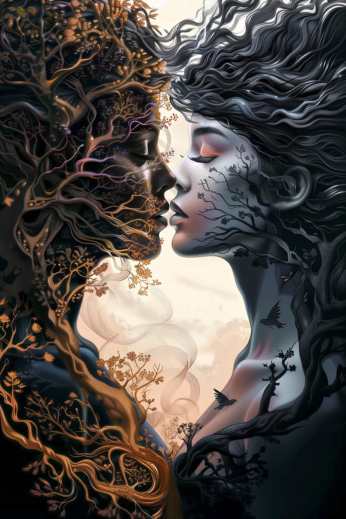 A woman with long hair and a tree