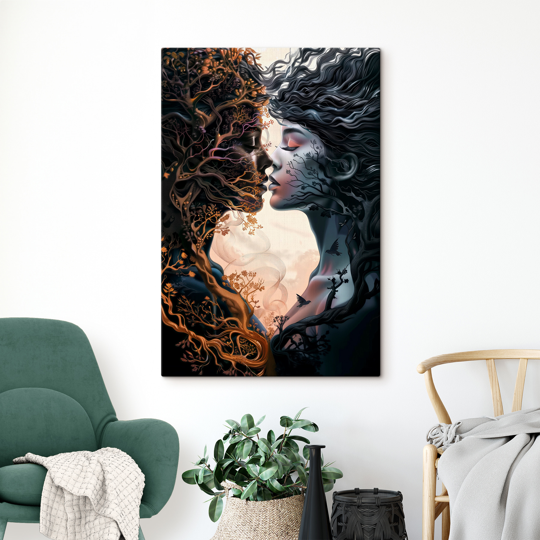 A woman with long hair and a tree