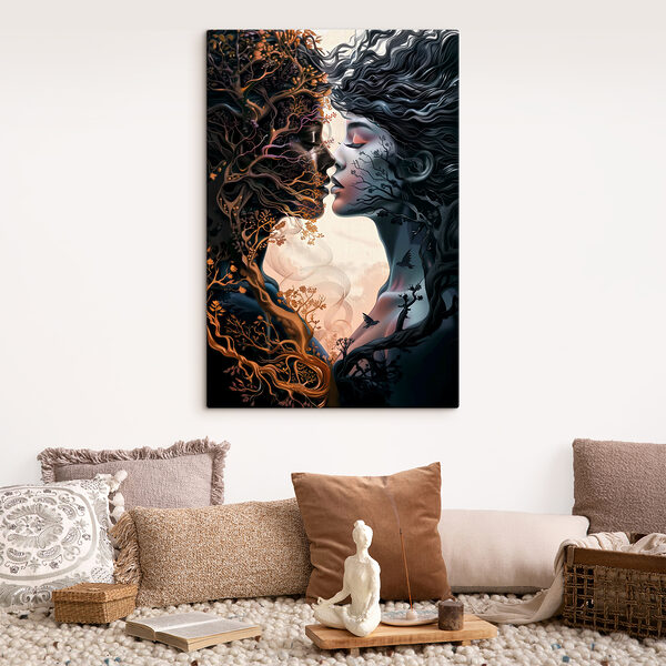 A woman with long hair and a tree