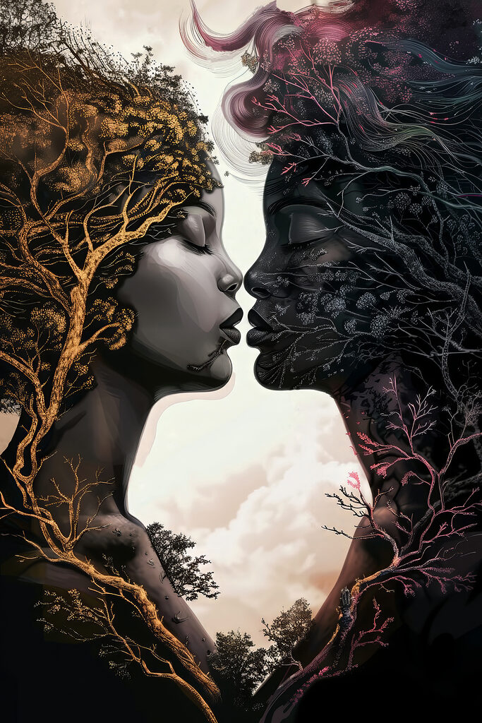 A woman's face with trees and branches