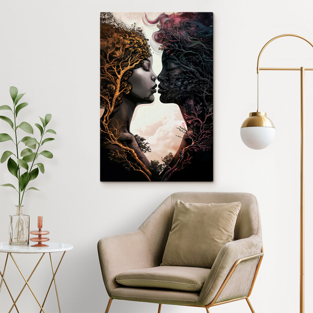 A woman's face with trees and branches