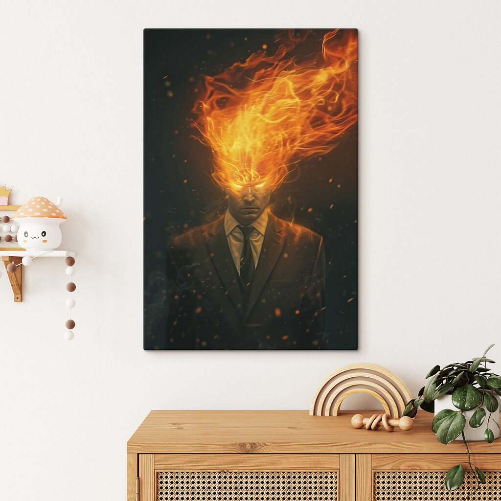 A man in a suit with fire on his head