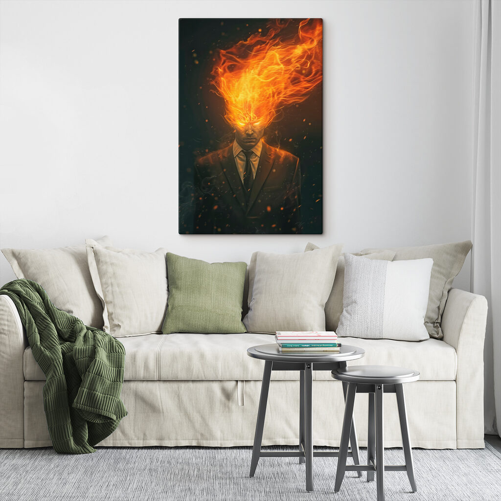A man in a suit with fire on his head