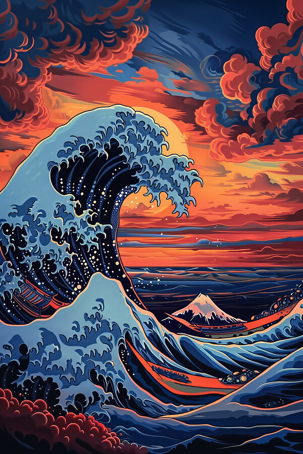 A large wave of water with mountains in the background