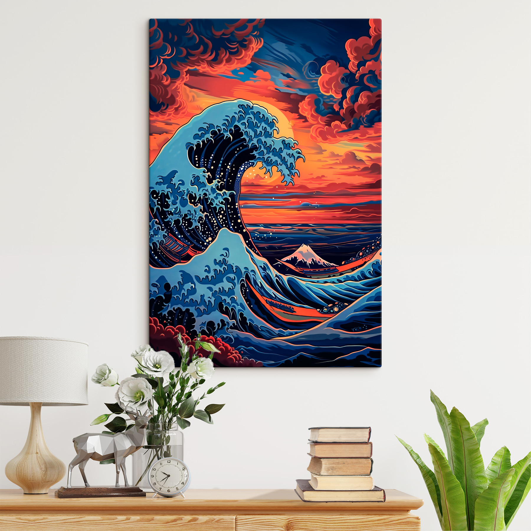 A large wave of water with mountains in the background