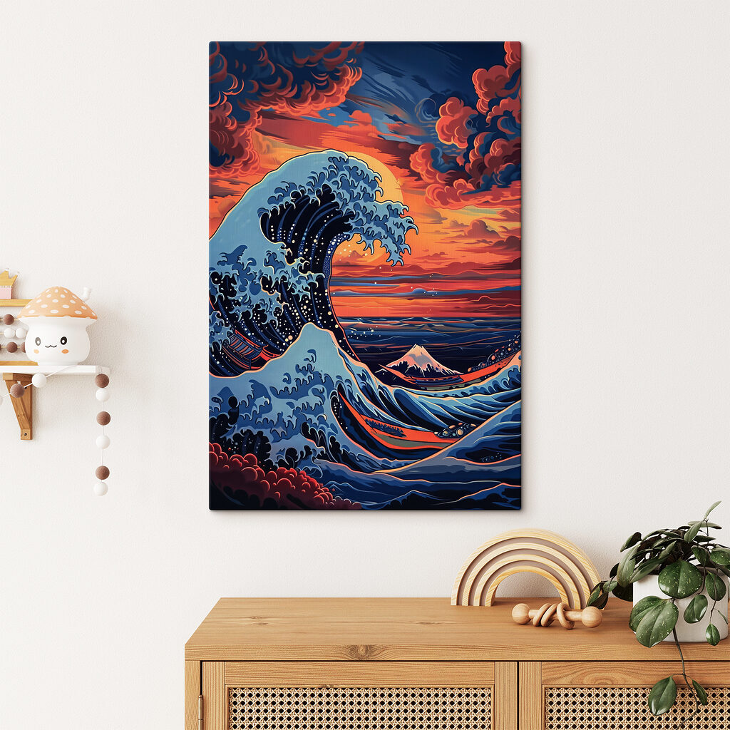A large wave of water with mountains in the background