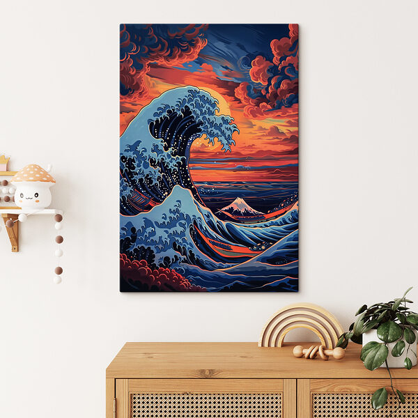 A large wave of water with mountains in the background