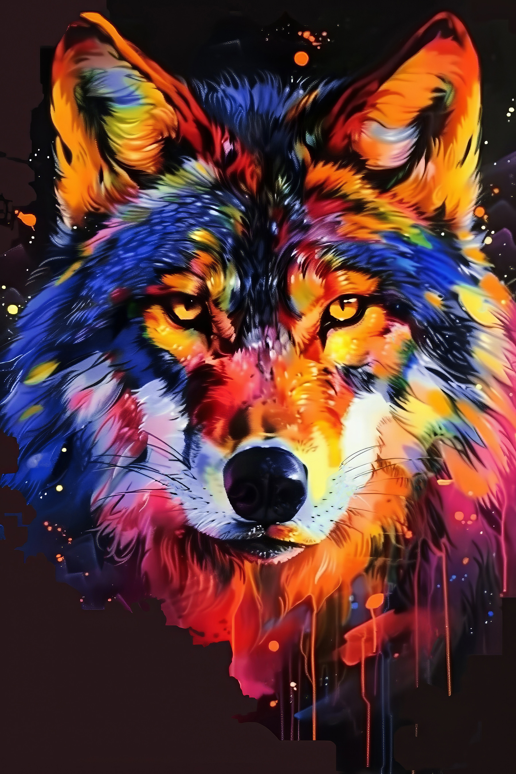 A colorful wolf with paint splashes