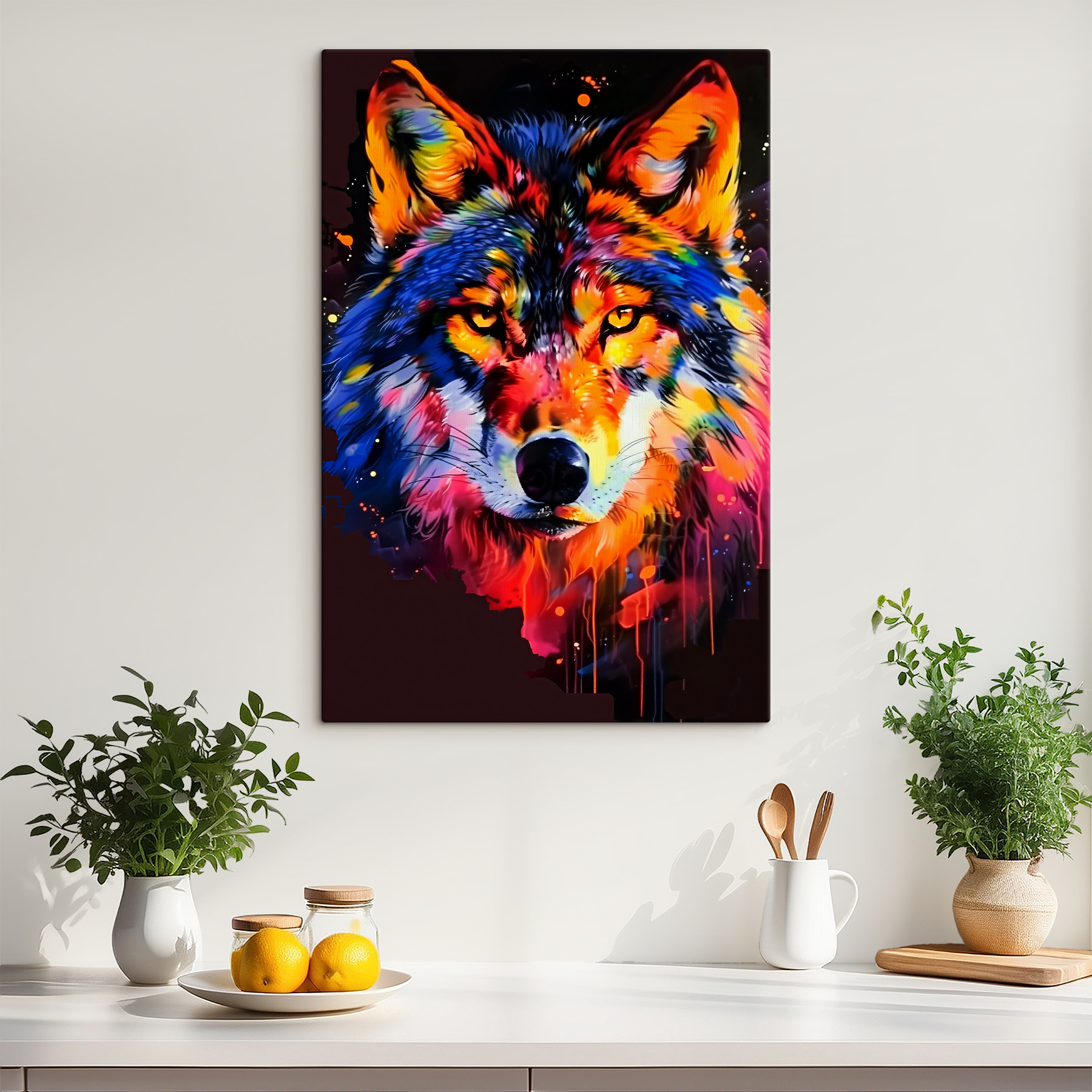 A colorful wolf with paint splashes