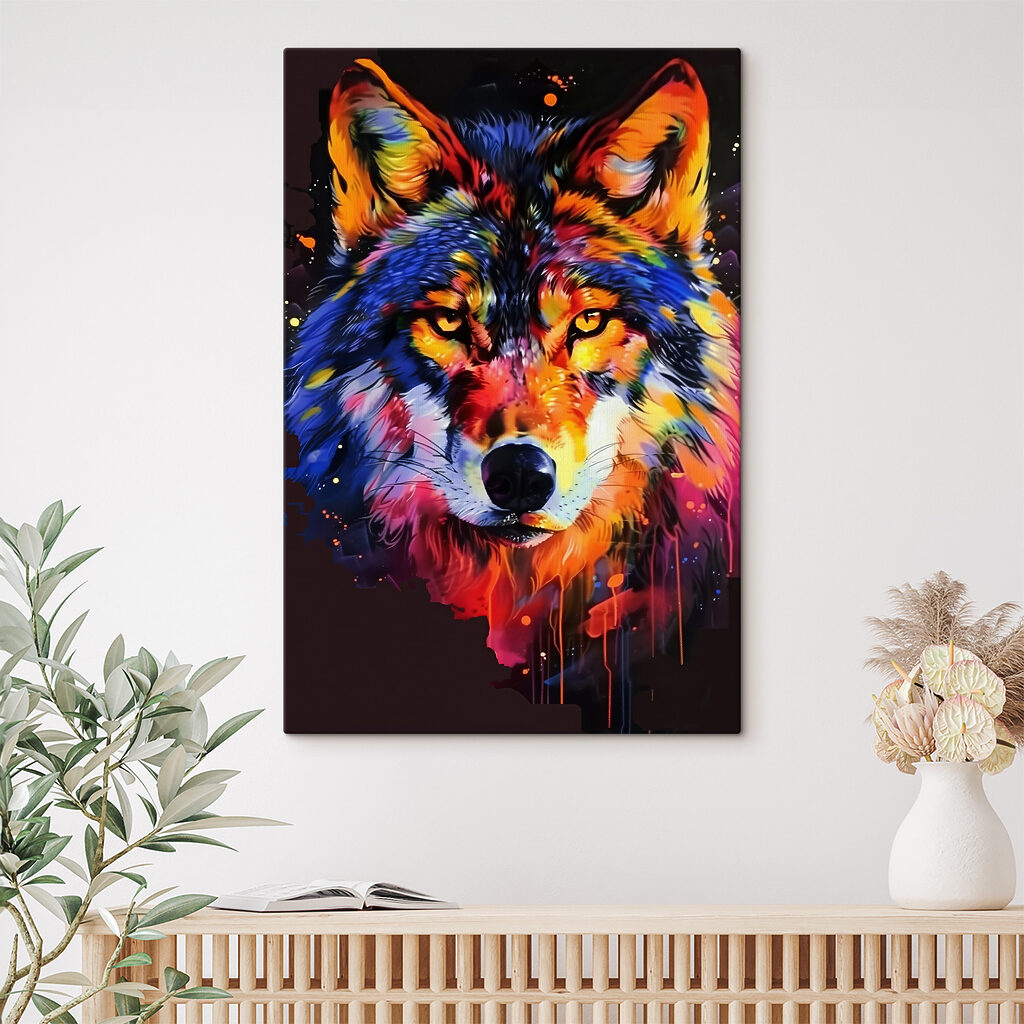A colorful wolf with paint splashes