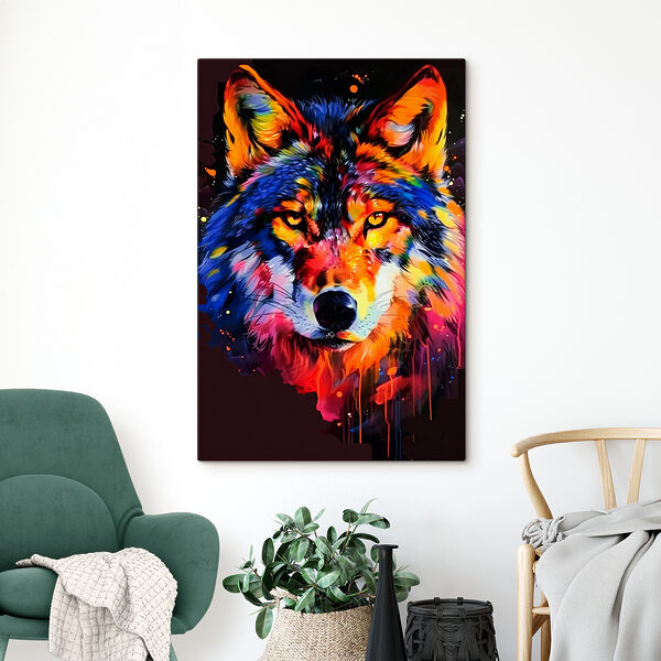 A colorful wolf with paint splashes