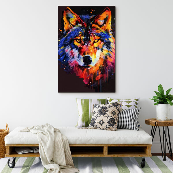 A colorful wolf with paint splashes