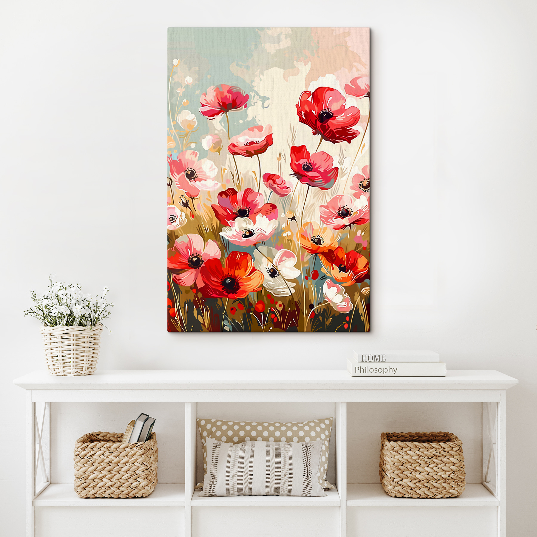 A painting of flowers on a wall
