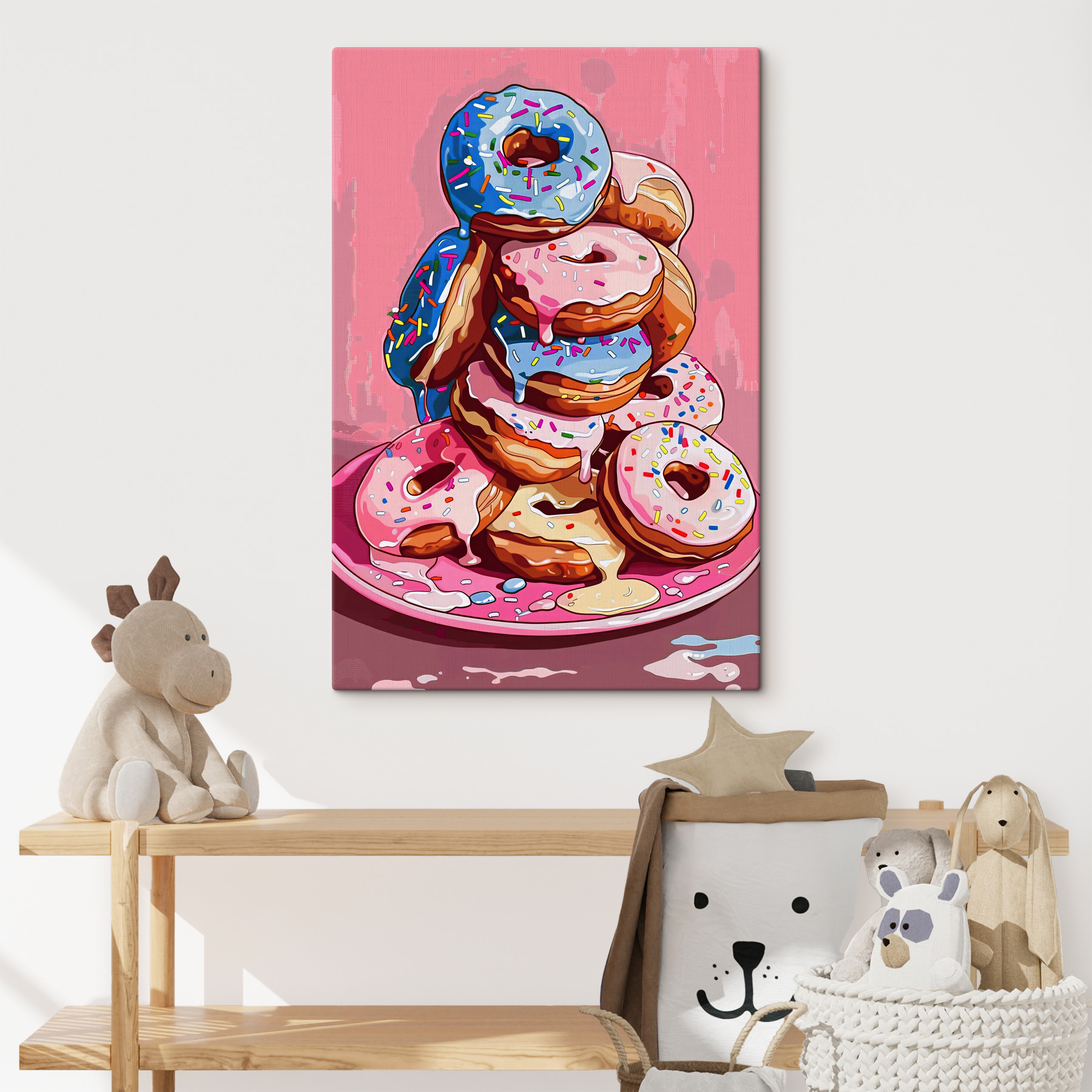 A stack of donuts with frosting and sprinkles