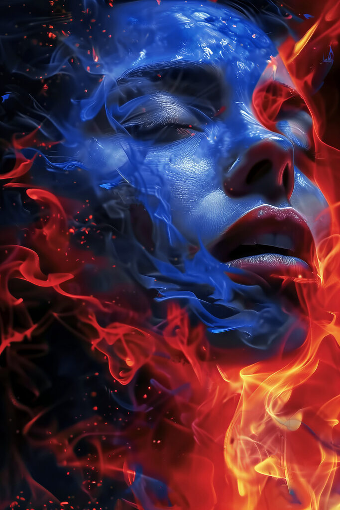 A woman's face with blue and red flames
