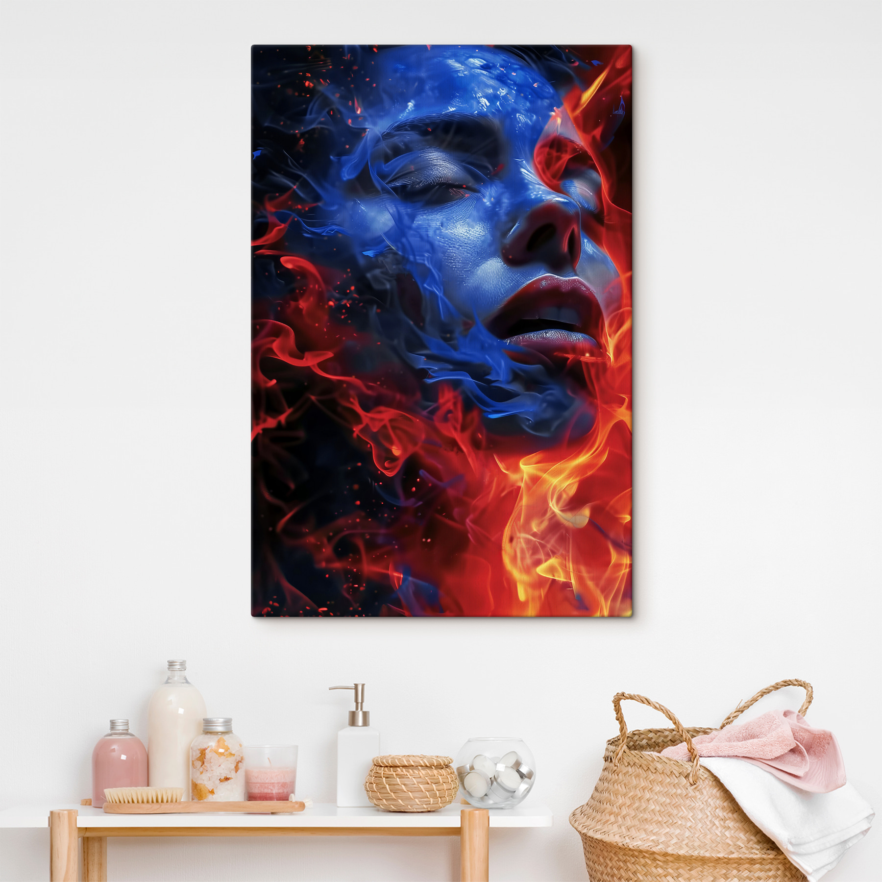 A woman's face with blue and red flames
