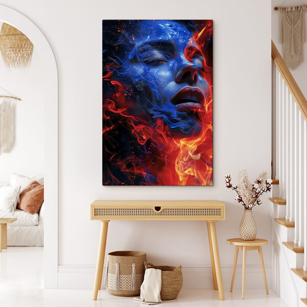 A woman's face with blue and red flames