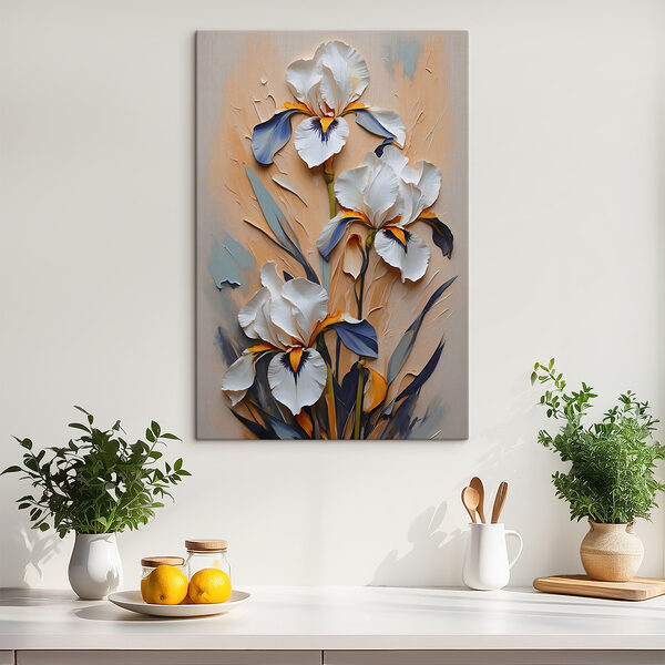 Quadri Un dipinto raffigurante fiori bianchi e foglie blu