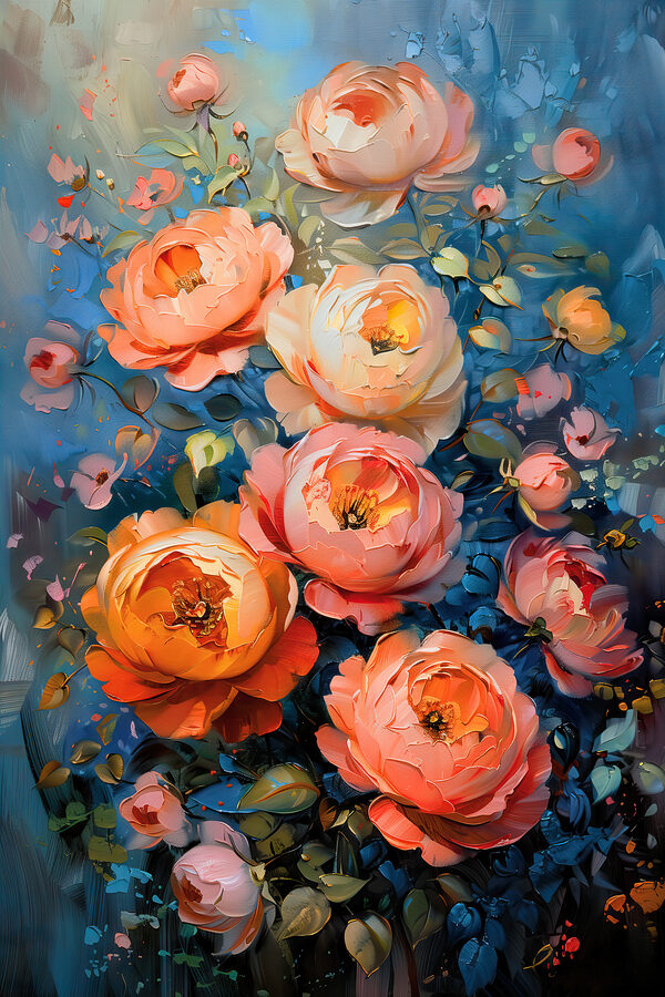 A painting of flowers on a blue background A painting of flowers on a blue background