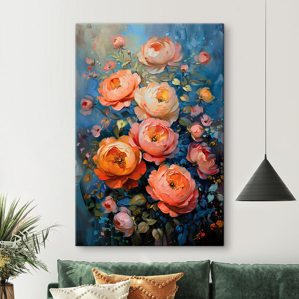 Quadri Un dipinto raffigurante dei fiori su sfondo blu