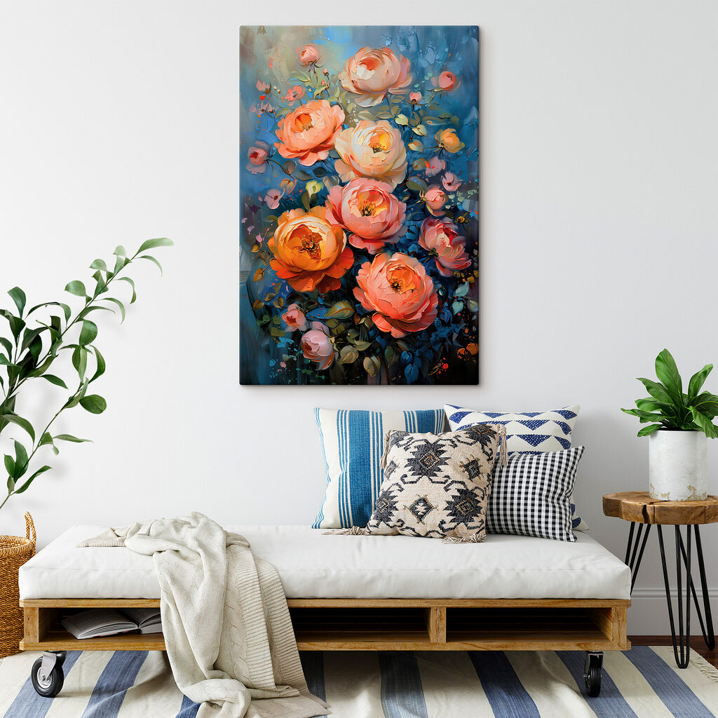 A painting of flowers on a blue background A painting of flowers on a blue background