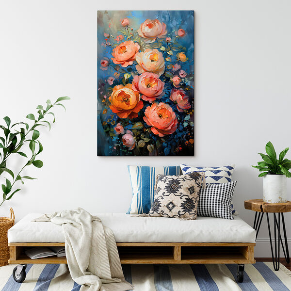 A painting of flowers on a blue background A painting of flowers on a blue background