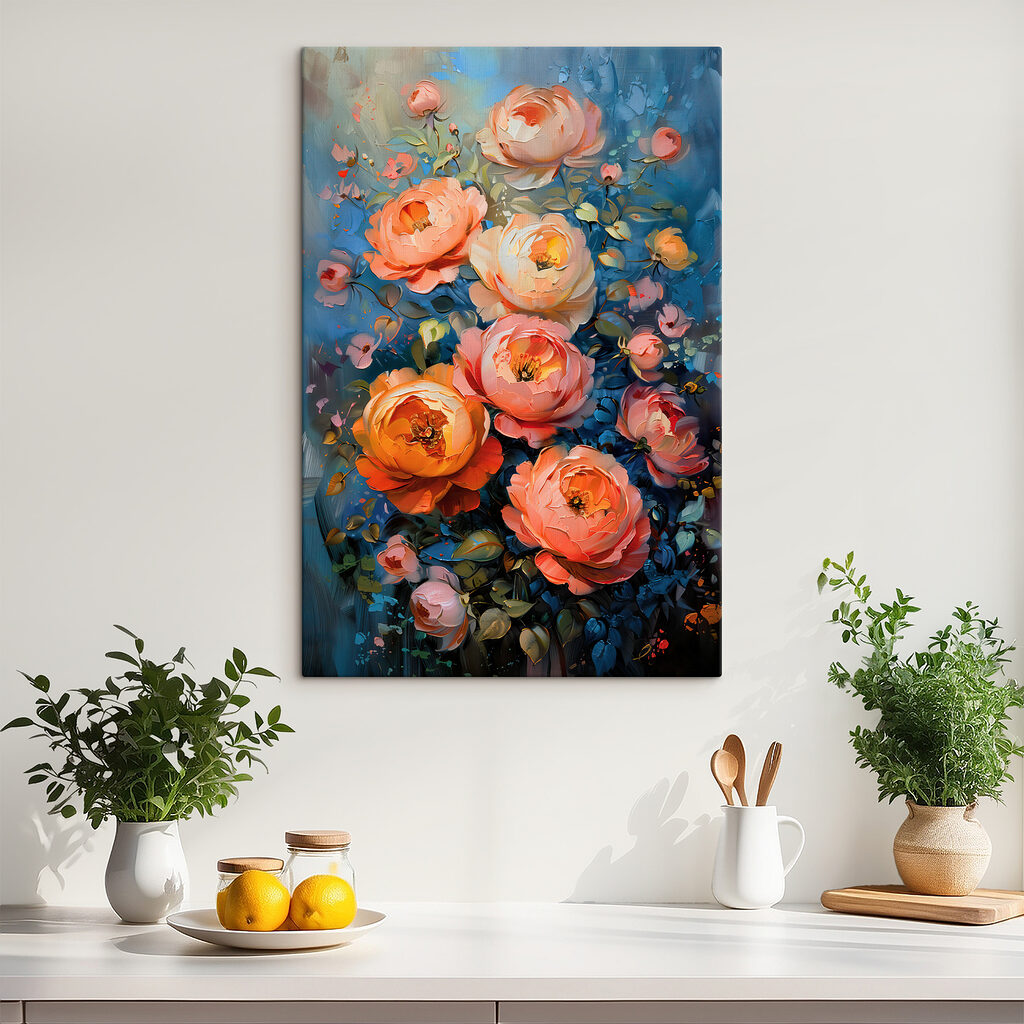 A painting of flowers on a blue background A painting of flowers on a blue background