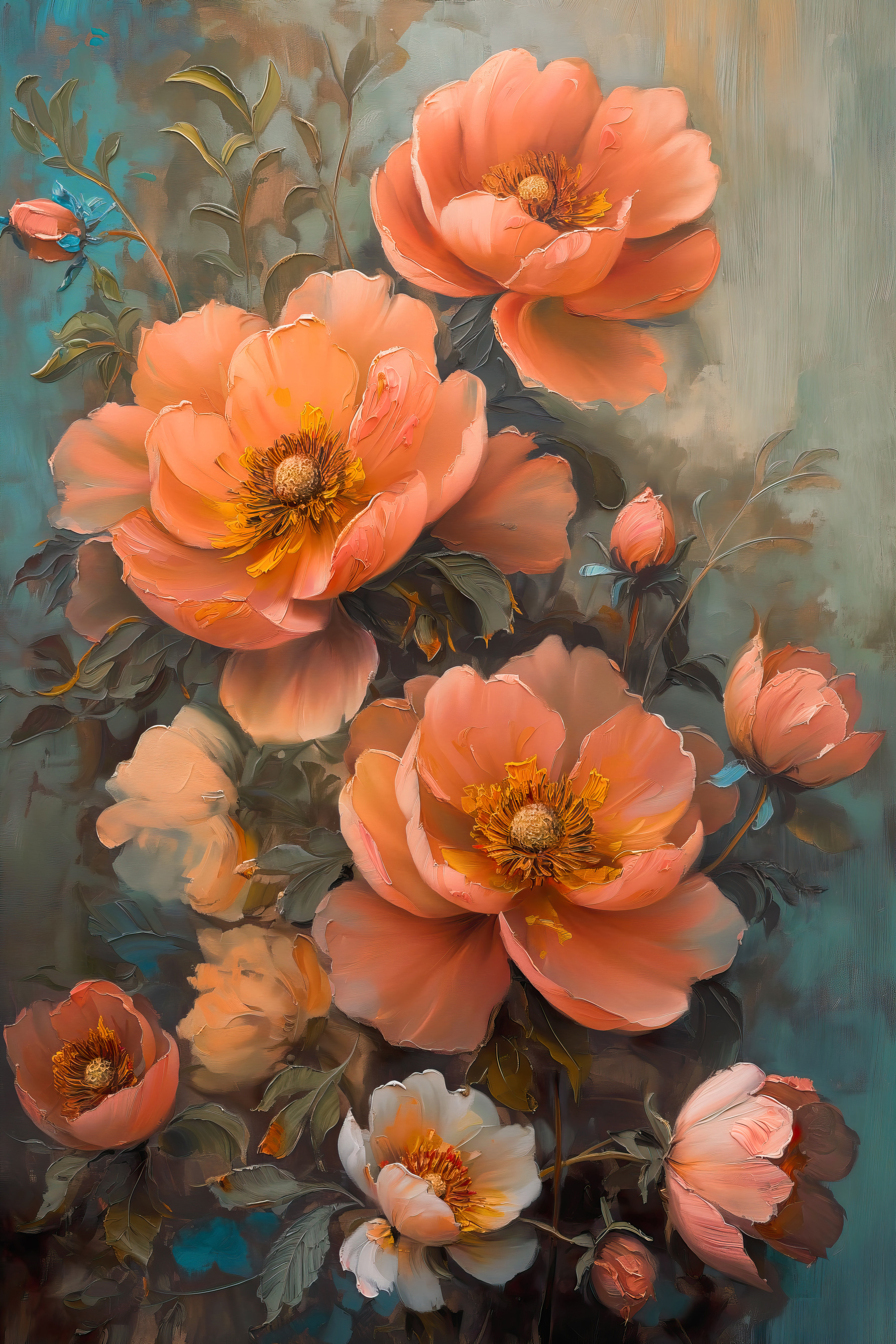 A painting of flowers on a blue background