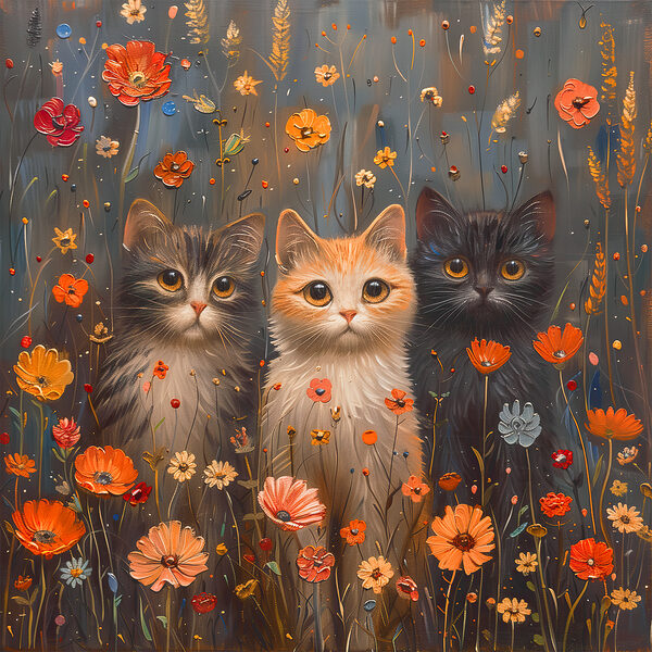 A painting of cats in a field of flowers