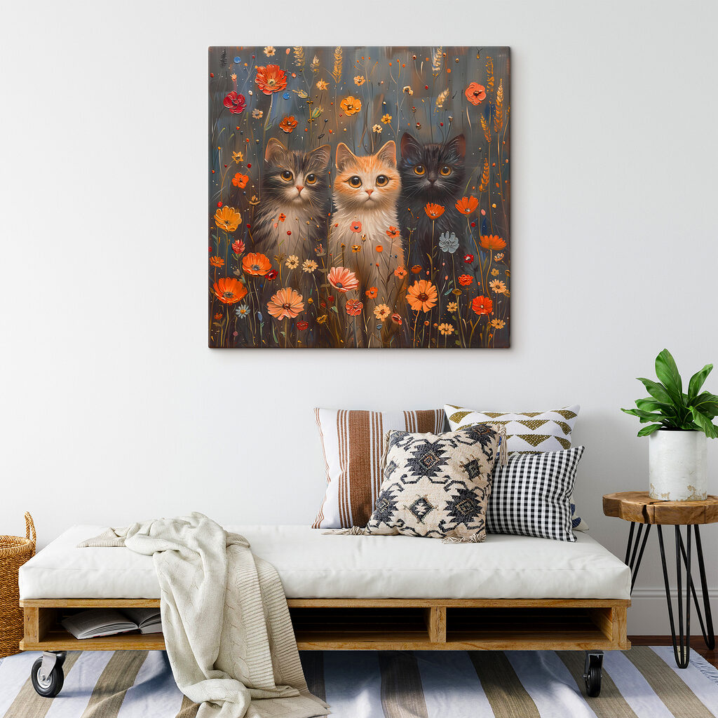 A painting of cats in a field of flowers