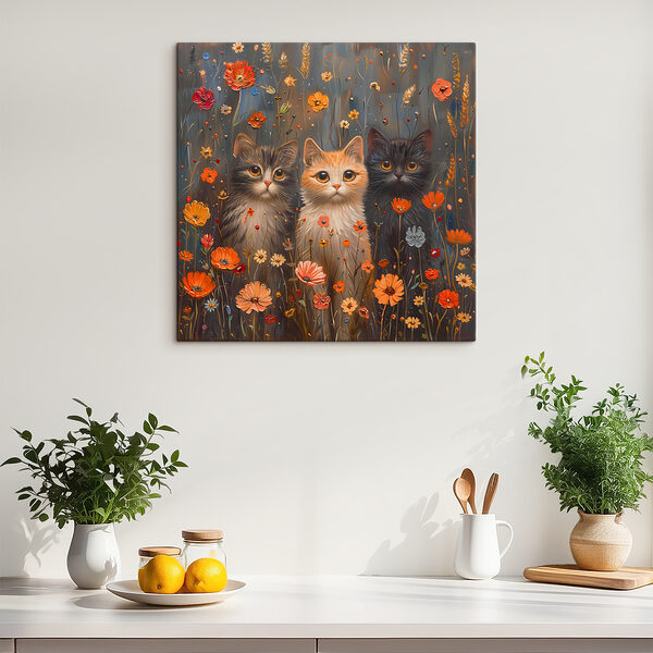 A painting of cats in a field of flowers